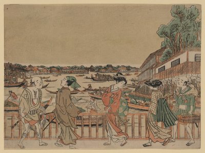 Voetgangers die een brug oversteken over een rivier met boten door Utagawa Toyoharu